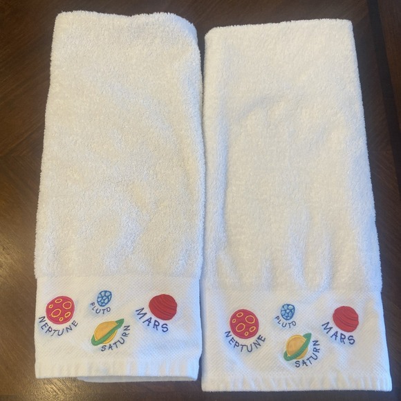 The Unbranded Brand Other - VTG 90s Planet Bath Towel Set of 2 Pluto Saturn Mars Neptune Space Whimsical
